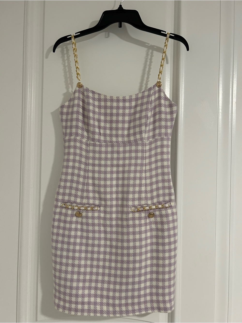 Guess Lilac and White Plaid Mini Dress with Gold Chain Straps